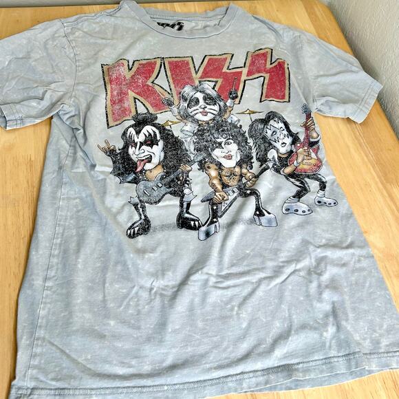 KISS Cartoon Graphic Light Gray Intentional White Splotches Band Tee Size M - Picture 1 of 5